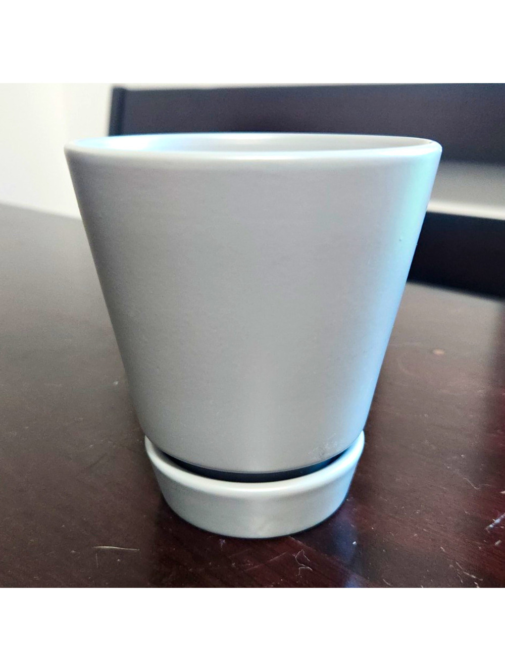 Small White Round Ceramic Flower Pot w/ Drainage Hole & Attached Saucer